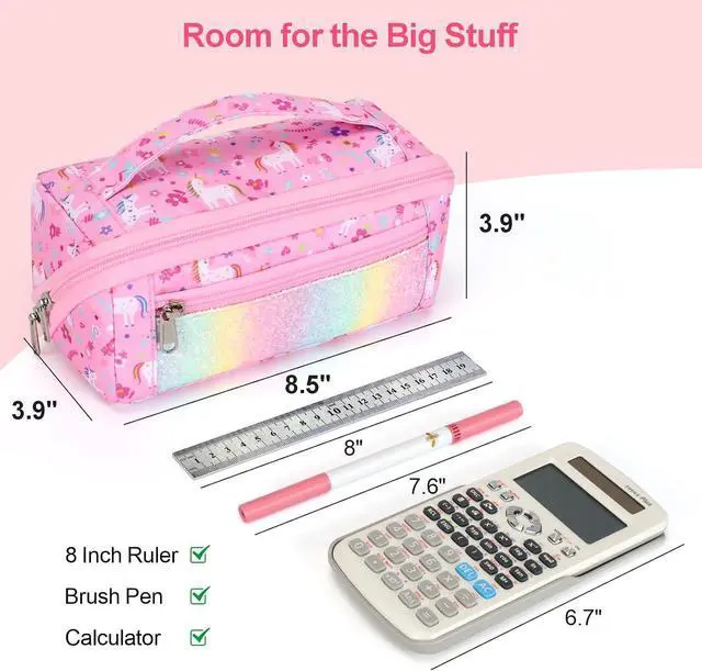 Alt view image 3 of 7 - Large Pencil Case for Girls, Aesthetic Pencil Pouch for School, Wide Opening Organizer Box with Handle, Fits 50 Pens & Markers (Glitter Pink Unicorn)