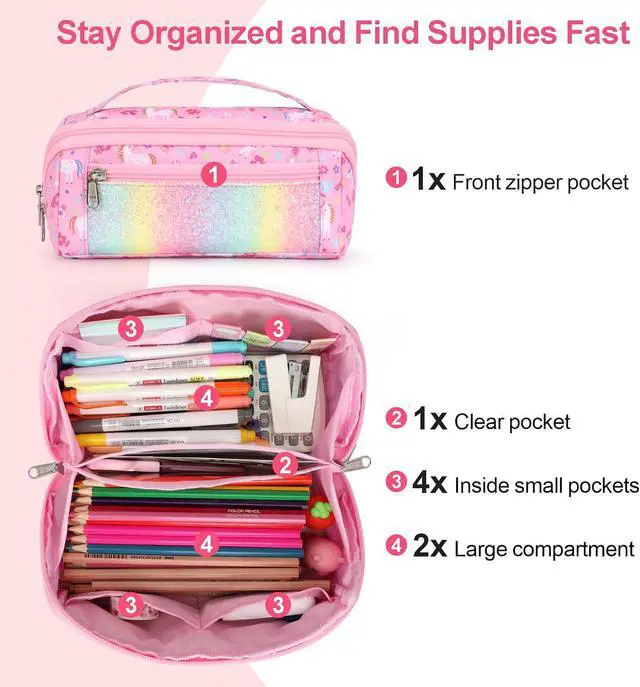 Alt view image 4 of 7 - Large Pencil Case for Girls, Aesthetic Pencil Pouch for School, Wide Opening Organizer Box with Handle, Fits 50 Pens & Markers (Glitter Pink Unicorn)