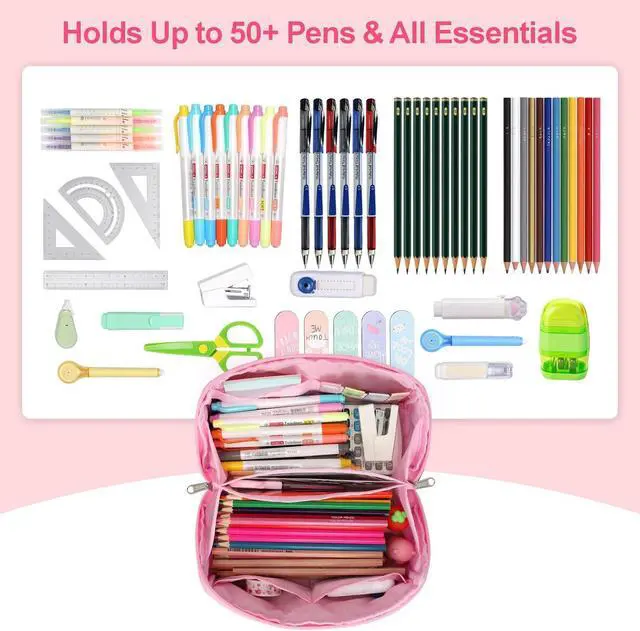 Alt view image 5 of 7 - Large Pencil Case for Girls, Aesthetic Pencil Pouch for School, Wide Opening Organizer Box with Handle, Fits 50 Pens & Markers (Glitter Pink Unicorn)