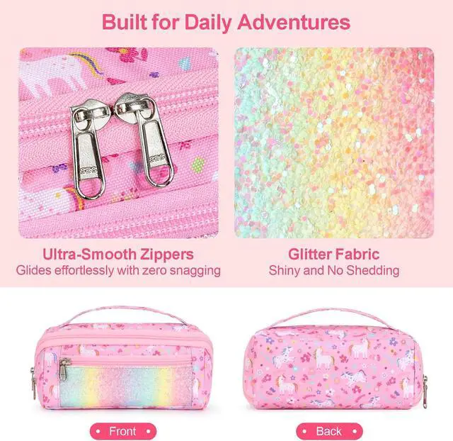 Alt view image 6 of 7 - Large Pencil Case for Girls, Aesthetic Pencil Pouch for School, Wide Opening Organizer Box with Handle, Fits 50 Pens & Markers (Glitter Pink Unicorn)