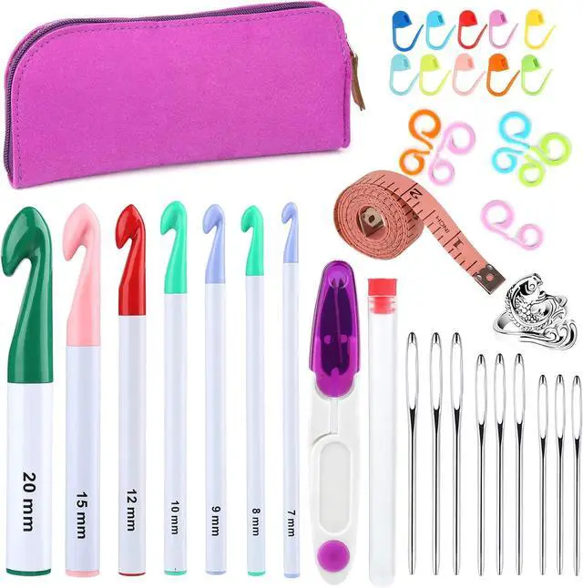 Main image of 7 Sizes Large Crochet Hooks Set (7mm-20mm) with Large-Eye Blunt Needles