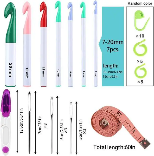 Alt view image 2 of 7 - 7 Sizes Large Crochet Hooks Set (7mm-20mm) with Large-Eye Blunt Needles