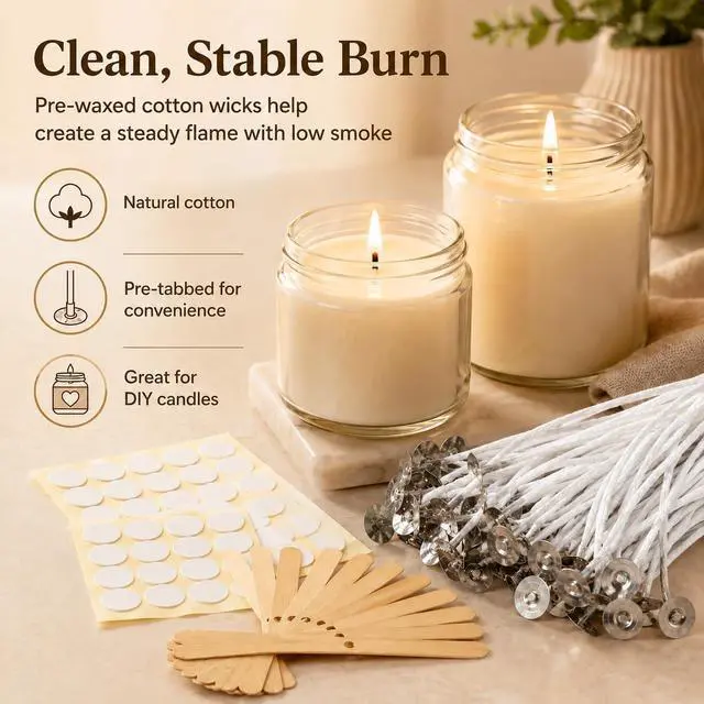 Alt view image 9 of 14 - Bulk 6-Inch Candle Wicks - 100 Pcs with Wick Stickers & Centering Device for Soy/Beeswax Candle Making