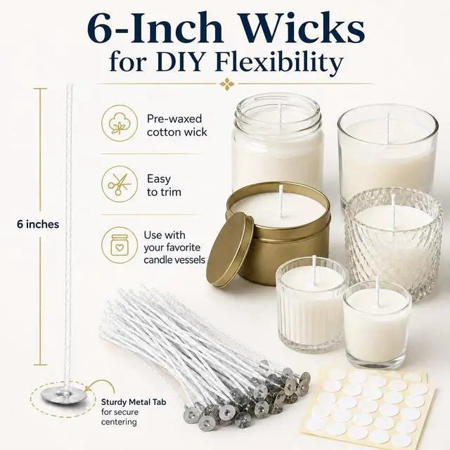 Alt view image 12 of 14 - Bulk 6-Inch Candle Wicks - 100 Pcs with Wick Stickers & Centering Device for Soy/Beeswax Candle Making
