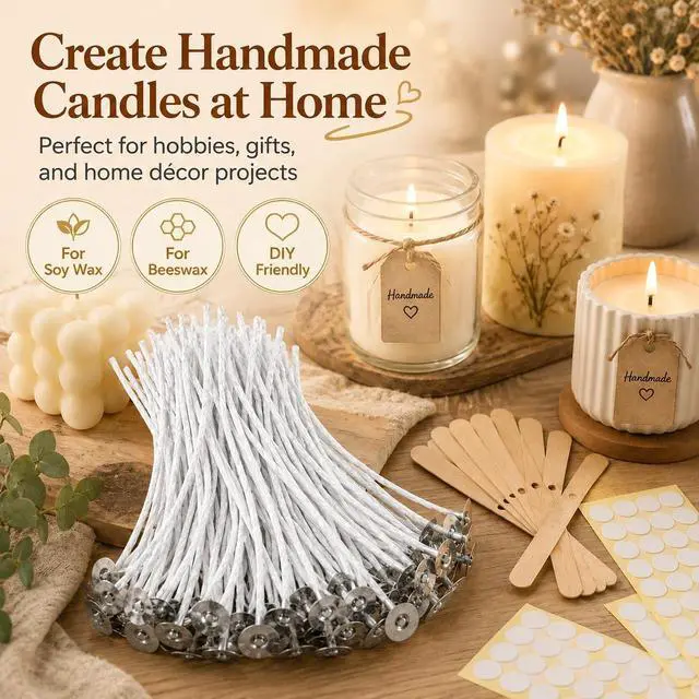 Alt view image 13 of 14 - Bulk 6-Inch Candle Wicks - 100 Pcs with Wick Stickers & Centering Device for Soy/Beeswax Candle Making