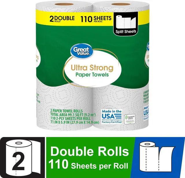 Main image of Great Value 2 DoubleRoll Ultra Strong Paper Towels, Equivalent to 4 Regular Rolls, 110 SplitSize Sheets per Roll for Home CleanUps