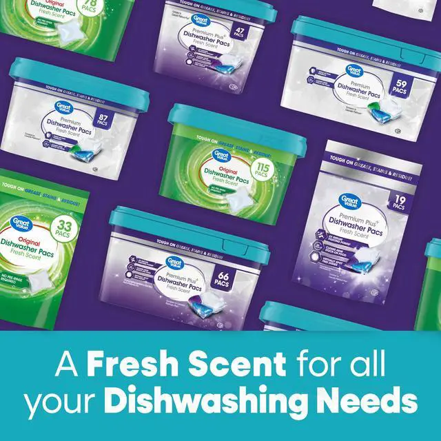 Alt view image 7 of 7 - Great Value 19Count Premium Plus Dishwasher Detergent Pods, Fresh Fragrance, Breaks Down Grease, Stains and Food Residue for Automatic Dishwashers