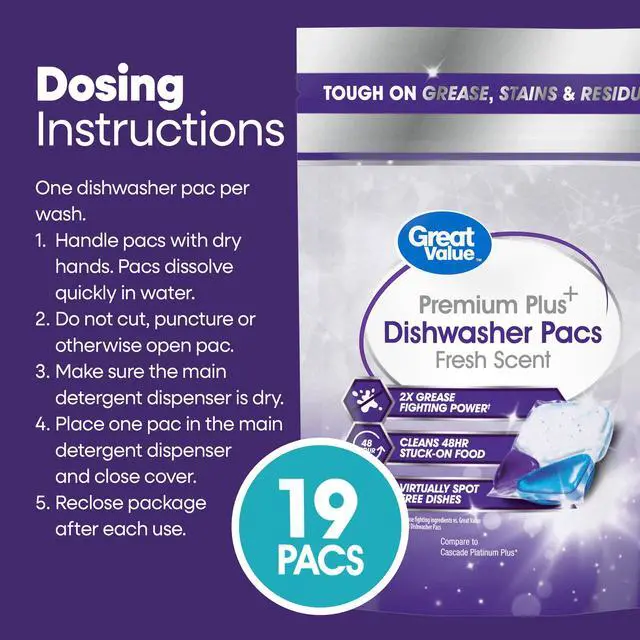 Alt view image 6 of 7 - Great Value 19Count Premium Plus Dishwasher Detergent Pods, Fresh Fragrance, Breaks Down Grease, Stains and Food Residue for Automatic Dishwashers