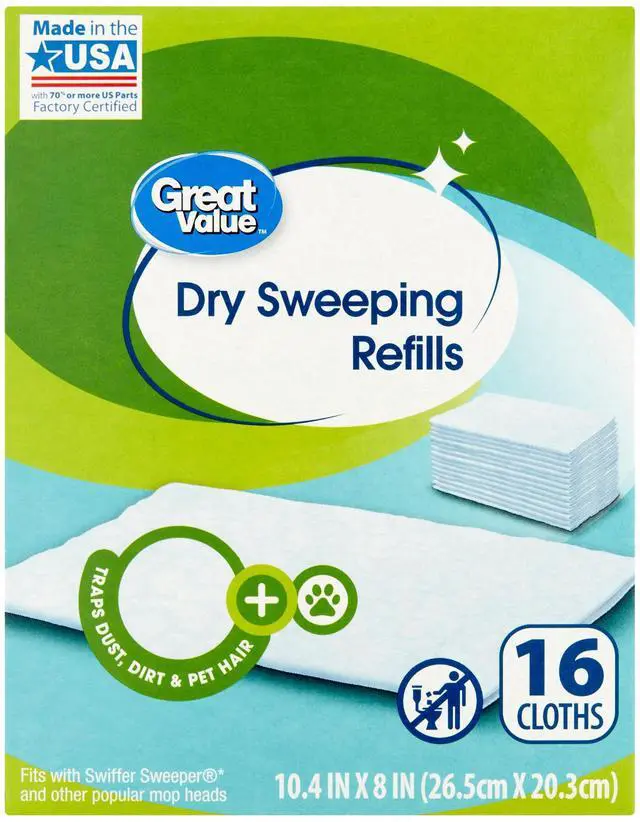 Main image of Great Value 16Pack Dry Sweeping Mop Refill Cloths, Disposable Replacement Pads for MultiSurface Household Floor Mops