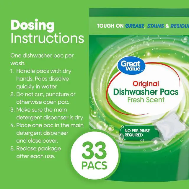 Alt view image 5 of 7 - Great Value 33Count FreshScent Dishwasher Detergent Pacs, Oxygen Bleach Formula, SepticSafe for Automatic Dishwashers