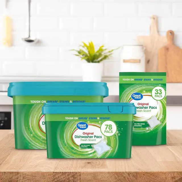 Alt view image 3 of 7 - Great Value 33Count FreshScent Dishwasher Detergent Pacs, Oxygen Bleach Formula, SepticSafe for Automatic Dishwashers