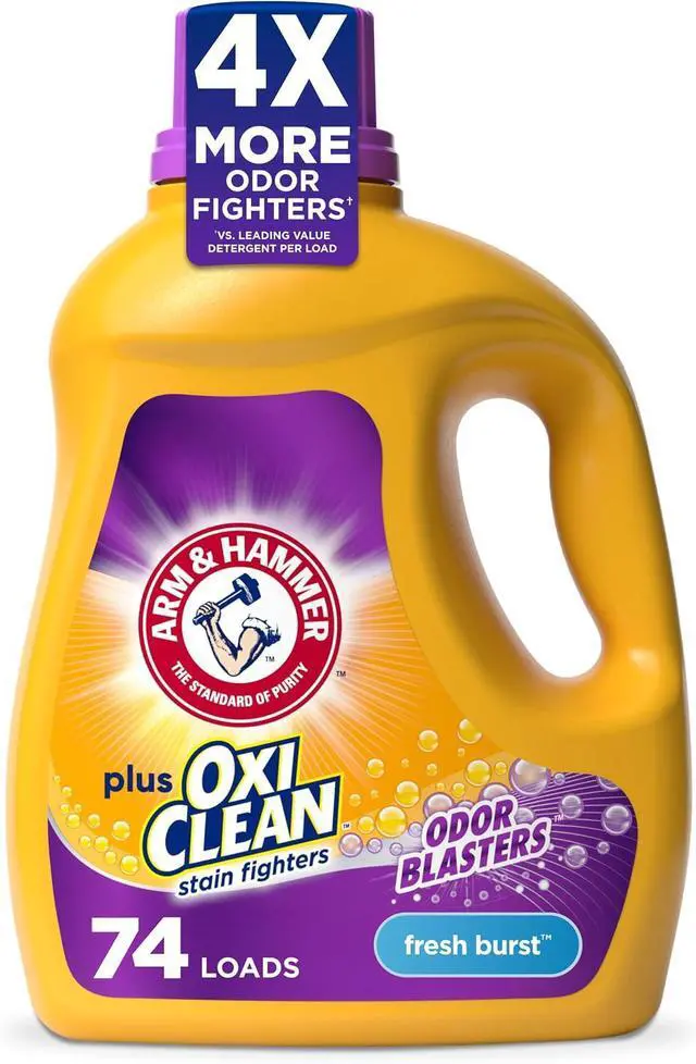 Main image of ARM & HAMMER Plus OxiClean with Odor Blasters Liquid Laundry Detergent, Fresh Burst Scent, 96.2 fl oz, 3X OdorFighting Power, DermatologistTested