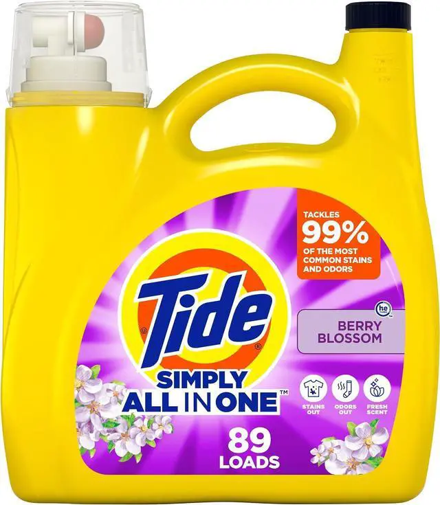 Main image of Tide Simply AllInOne Liquid Laundry Detergent, Berry Blossom Scent, 112 fl oz, 89 Loads, HE & Standard Washer Compatible
