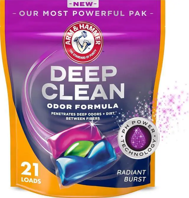 Main image of ARM & HAMMER Deep Clean Odor Formula Laundry Detergent Power Paks, Radiant Burst Scent, 21Count, PreMeasured NoMess Laundry Pacs