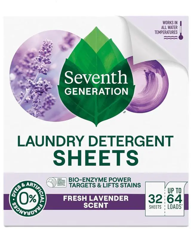 Main image of Seventh Generation Lavender Laundry Detergent Sheets, 32Count, 64 Loads, 59% USDA Biobased, Dye & FragranceFree