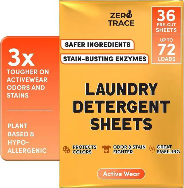 Main image of Zero Trace EcoFriendly AllNatural Laundry Detergent Sheets, 36 Sheets / 72 Loads, PROTECH Formula for ActiveWear & Travel Use