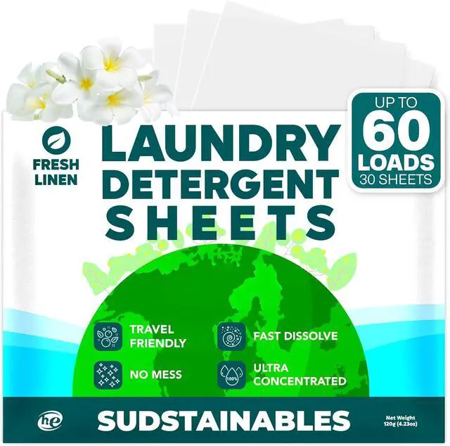 Main image of Sudstainables Fresh Linen Laundry Detergent Sheets, 60Loads, InstantDissolve NoMess Sheets for Home, Travel & Camping