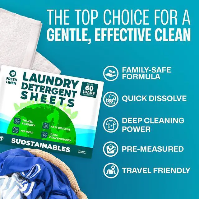 Alt view image 2 of 4 - Sudstainables Fresh Linen Laundry Detergent Sheets, 60Loads, InstantDissolve NoMess Sheets for Home, Travel & Camping
