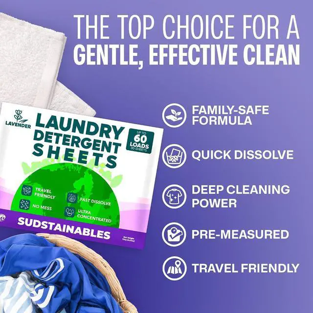 Alt view image 3 of 4 - Sudstainables Lavender Laundry Detergent Sheets, 60 Loads, InstantDissolve NoMess Sheets for Home, Travel and Camping
