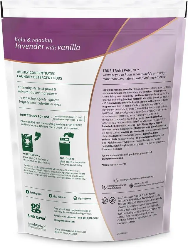 Alt view image 3 of 4 - Grab Green 3in1 Laundry Detergent Pods, Lavender + Vanilla Scent, 24Count, Plant & MineralBased, CrueltyFree