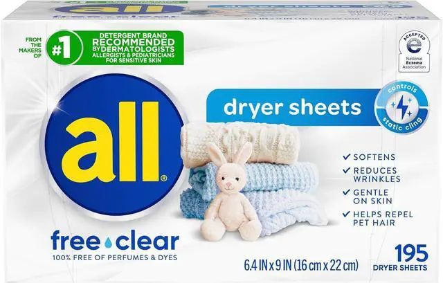 Main image of all free clear SensitiveSkin Fabric Softener Dryer Sheets, FragranceFree & DyeFree, 195Count, Reduces Static, Wrinkles and Repels Pet Hair