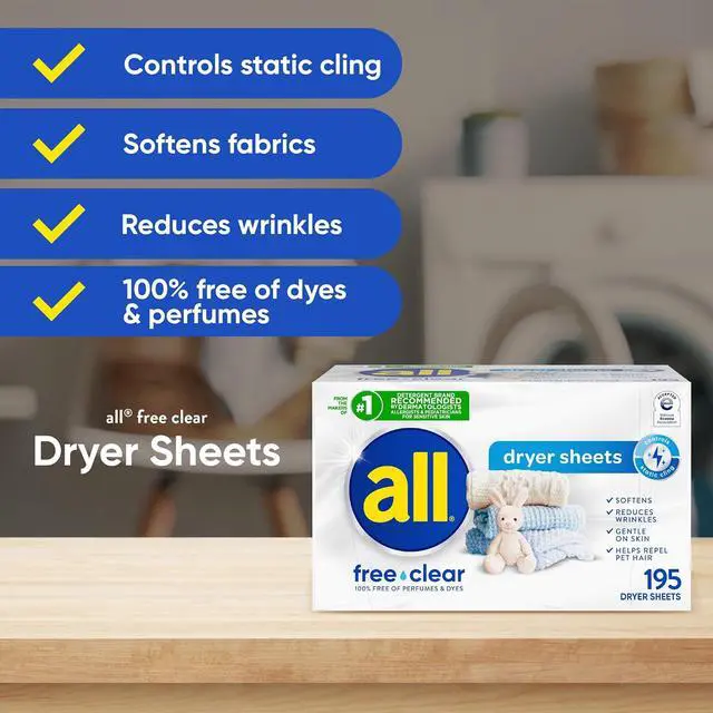 Alt view image 2 of 4 - all free clear SensitiveSkin Fabric Softener Dryer Sheets, FragranceFree & DyeFree, 195Count, Reduces Static, Wrinkles and Repels Pet Hair