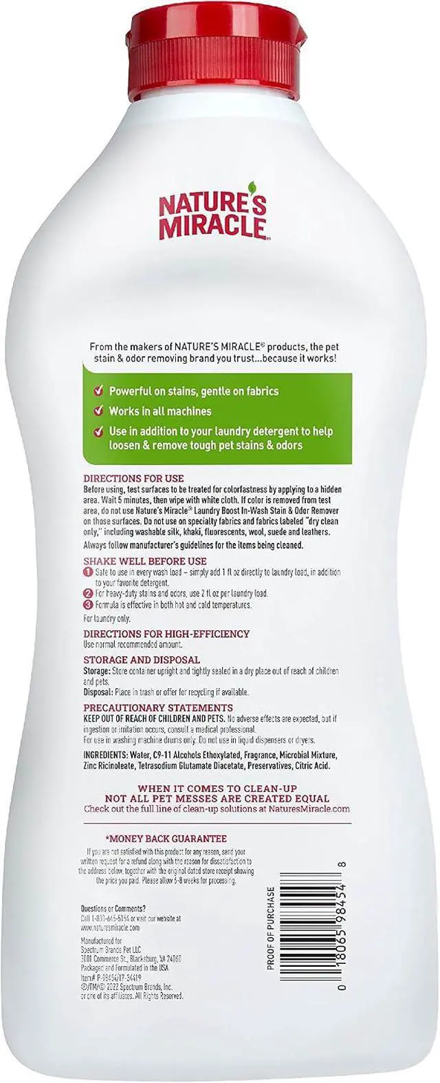 Alt view image 4 of 4 - Nature's Miracle Laundry Boost InWash Pet Stain & Odor Remover, 32oz, BioEnzymatic Formula with OdorCapture 360 Technology, HECompatible