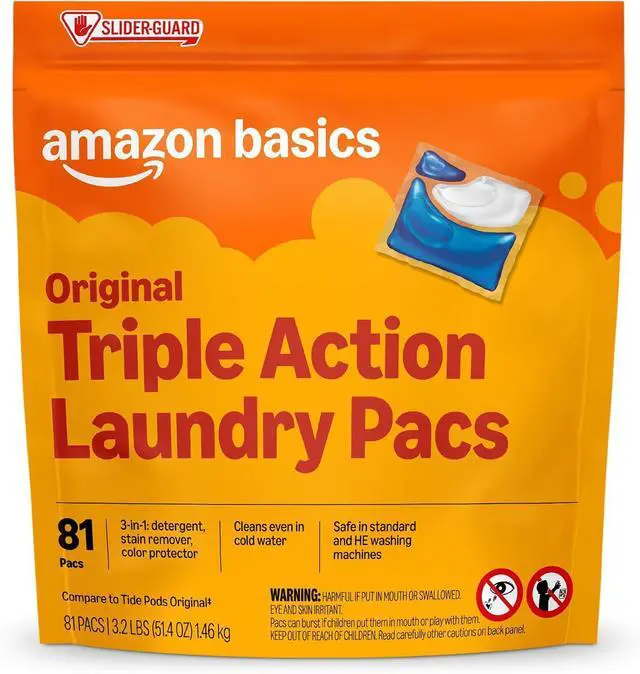 Main image of Amazon Basics 3in1 TripleAction Laundry Detergent Pacs, Original Scent, 81Count, HECompatible, ColorProtection StainRemoving Pods