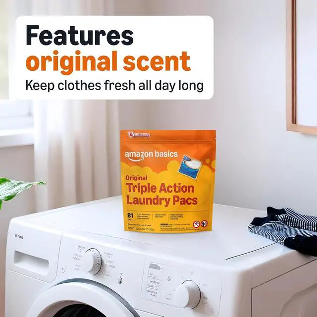 Alt view image 3 of 4 - Amazon Basics 3in1 TripleAction Laundry Detergent Pacs, Original Scent, 81Count, HECompatible, ColorProtection StainRemoving Pods