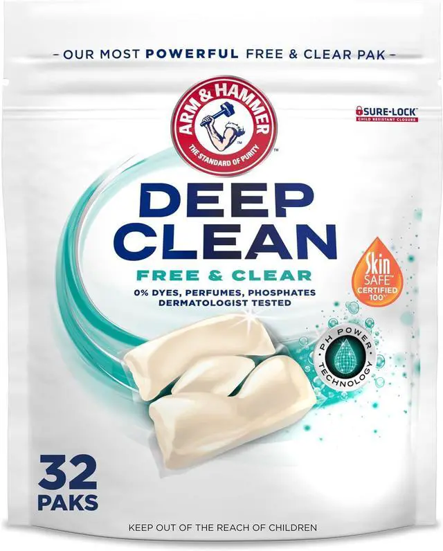 Main image of ARM & HAMMER Deep Clean Free & Clear Laundry Detergent Power Paks, 32Count, 4X StainFighting Power, pH Power MicroScrubbers, SkinSAFE Certified