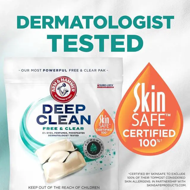 Alt view image 4 of 4 - ARM & HAMMER Deep Clean Free & Clear Laundry Detergent Power Paks, 32Count, 4X StainFighting Power, pH Power MicroScrubbers, SkinSAFE Certified