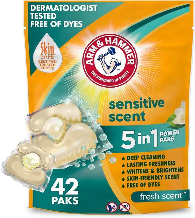 Main image of ARM & HAMMER SensitiveSkin 5in1 Laundry Detergent Power Paks, Fresh Scent, 42Count, Hypoallergenic DyeFree PreMeasured Pods