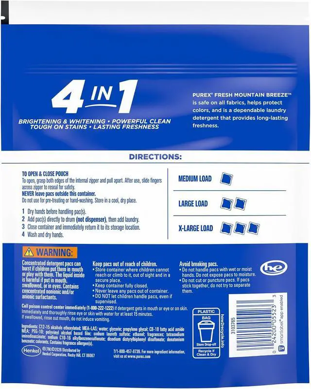 Alt view image 3 of 4 - Purex Fresh Mountain Breeze Laundry Detergent Pacs, 66Count, 4in1 Cleaning, 45Day LongLasting Freshness, HECompatible