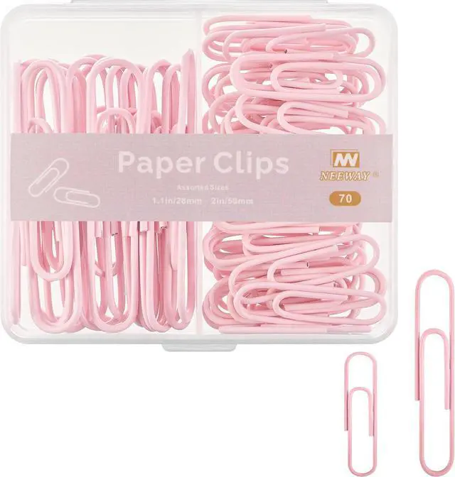 Main image of NEEWAY AssortedSize Colorful Paper Clips, Light Pink, 70Count, 1Inch Small & 2Inch Jumbo Clips with Divided Storage Box