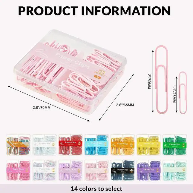 Alt view image 2 of 4 - NEEWAY AssortedSize Colorful Paper Clips, Light Pink, 70Count, 1Inch Small & 2Inch Jumbo Clips with Divided Storage Box