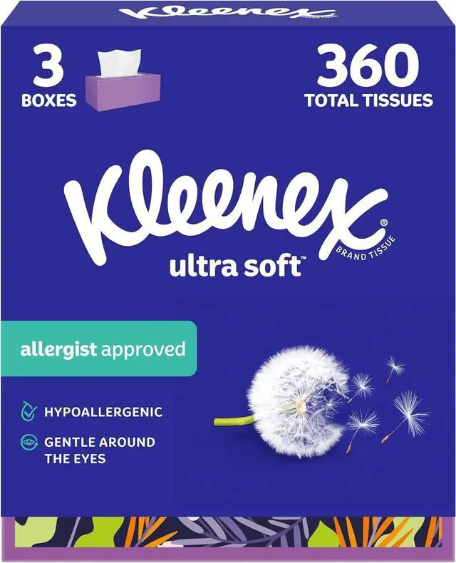 Main image of Kleenex Ultra Soft Facial Tissues, 3 Flat Boxes, 120 Tissues per Box
