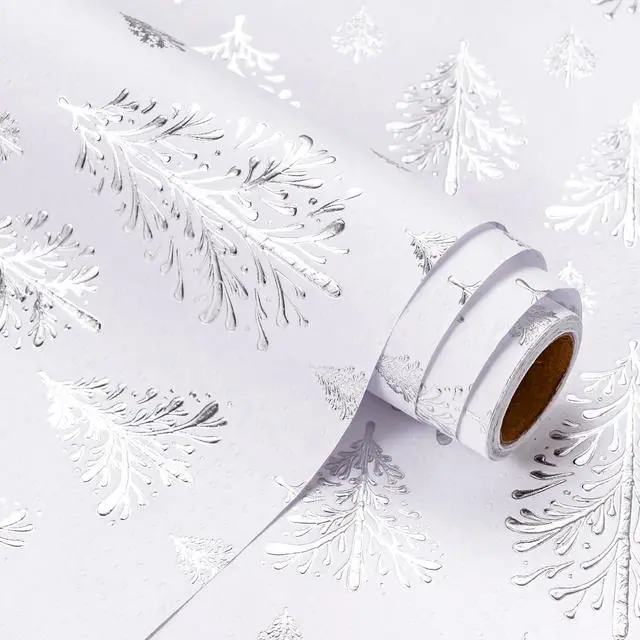 Main image of WRAPAHOLIC 3D Kraft Christmas Wrapping Paper Roll, 17in x 16.5ft, Silver and White Embossed Christmas Tree, for Holiday Party Celebration