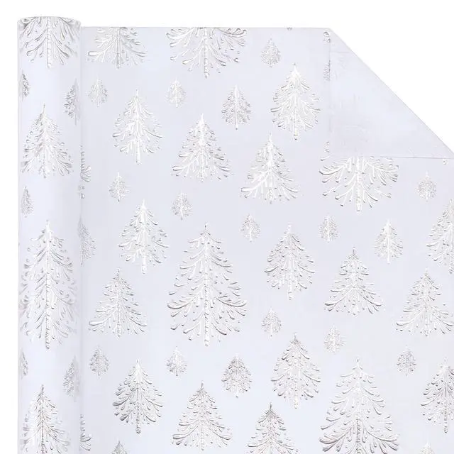 Alt view image 2 of 6 - WRAPAHOLIC 3D Kraft Christmas Wrapping Paper Roll, 17in x 16.5ft, Silver and White Embossed Christmas Tree, for Holiday Party Celebration