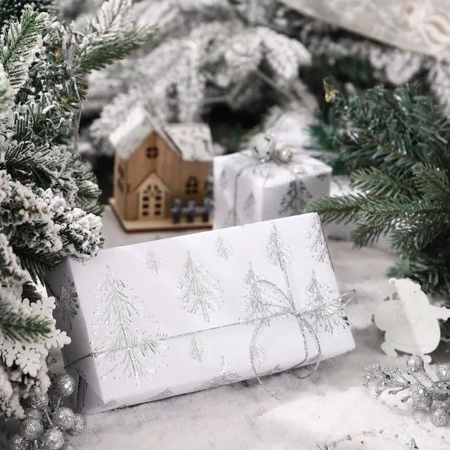 Alt view image 3 of 6 - WRAPAHOLIC 3D Kraft Christmas Wrapping Paper Roll, 17in x 16.5ft, Silver and White Embossed Christmas Tree, for Holiday Party Celebration