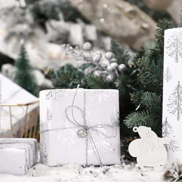 Alt view image 4 of 6 - WRAPAHOLIC 3D Kraft Christmas Wrapping Paper Roll, 17in x 16.5ft, Silver and White Embossed Christmas Tree, for Holiday Party Celebration
