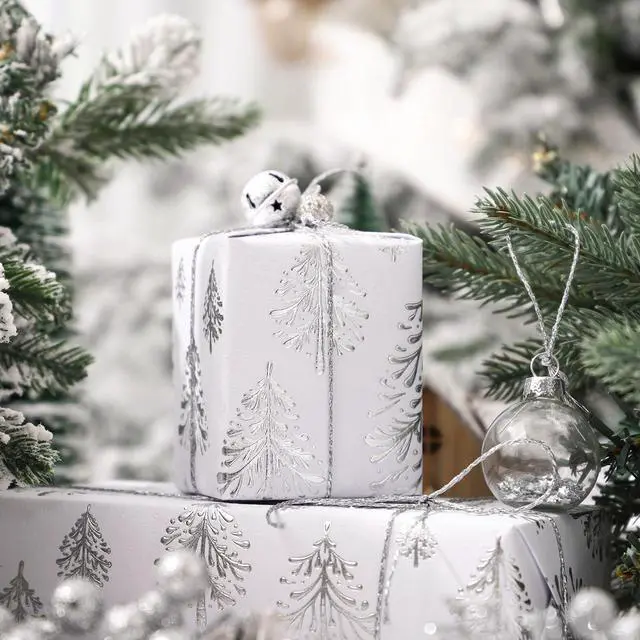 Alt view image 6 of 6 - WRAPAHOLIC 3D Kraft Christmas Wrapping Paper Roll, 17in x 16.5ft, Silver and White Embossed Christmas Tree, for Holiday Party Celebration