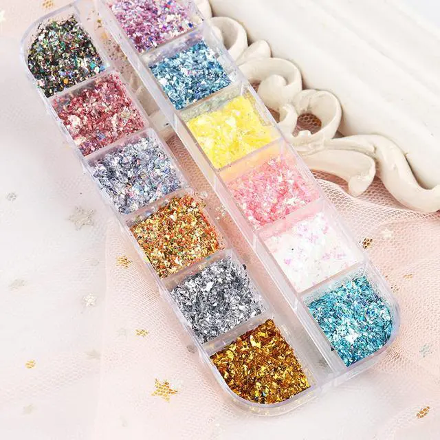 Alt view image 4 of 6 - 12 Colors Glitter Sequins, Holographic Irregular Sparkly Flakes, 3D Laser Ultra-Thin Shiny Acrylic Nail Supplies for Women Girls Manicure Charms Decorations, Crafts