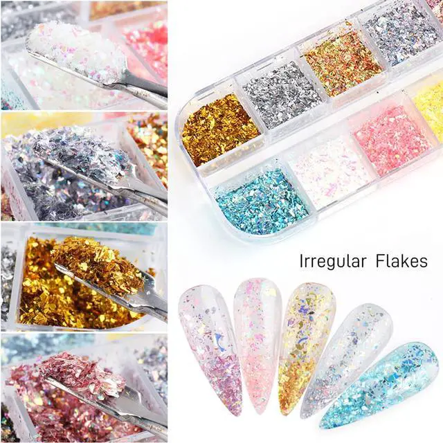Alt view image 2 of 6 - 12 Colors Glitter Sequins, Holographic Irregular Sparkly Flakes, 3D Laser Ultra-Thin Shiny Acrylic Nail Supplies for Women Girls Manicure Charms Decorations, Crafts
