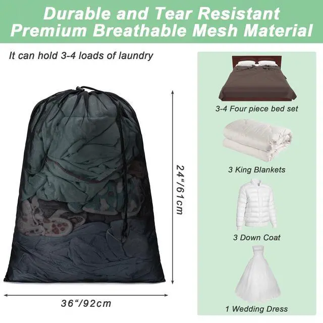 Alt view image 2 of 7 - 2 Pack Mesh Travel Laundry Bag 24" x 36" Extra Large Dirty Clothes Organizer