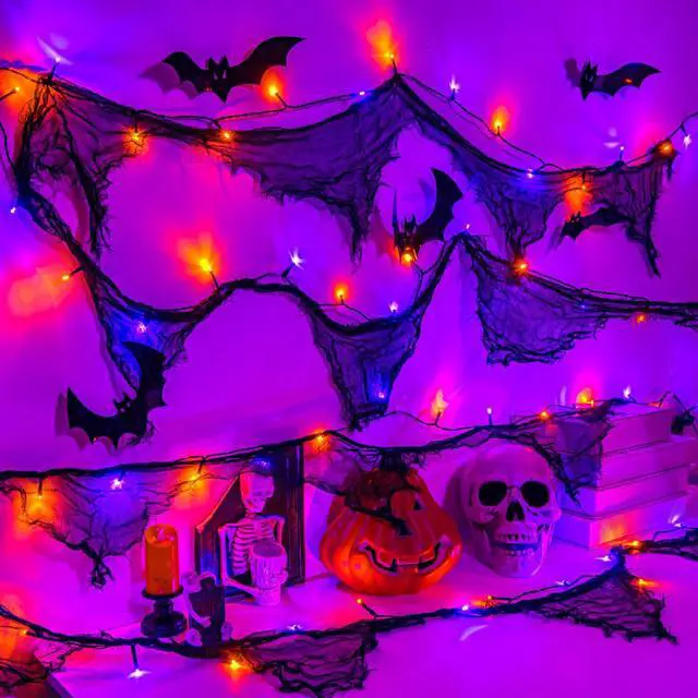 Main image of Cshare Halloween Lights Battery Operated or USB, 9.8ft 30LED Creepy Cloth String Lights with Timer, Waterproof, Orange and Purple, for Fireplace Window Door Mirror