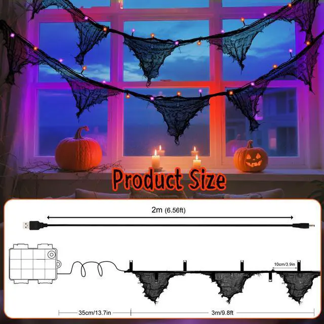 Alt view image 7 of 7 - Cshare Halloween Lights Battery Operated or USB, 9.8ft 30LED Creepy Cloth String Lights with Timer, Waterproof, Orange and Purple, for Fireplace Window Door Mirror