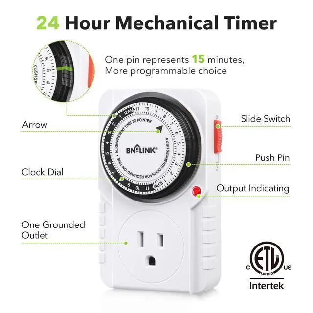 Alt view image 6 of 6 - BN-LINK 24-Hour Heavy Duty Mechanical Timer Outlet, Indicator Light, 3-Prong