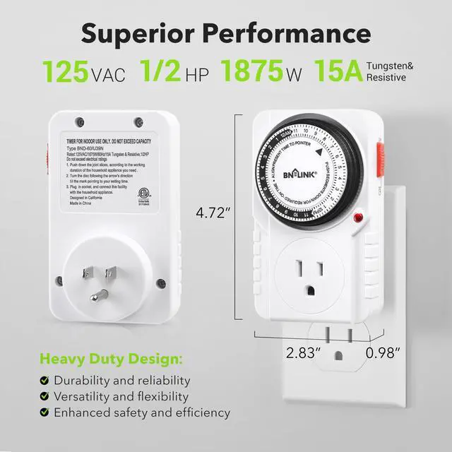 Alt view image 2 of 6 - BN-LINK 24-Hour Heavy Duty Mechanical Timer Outlet, Indicator Light, 3-Prong