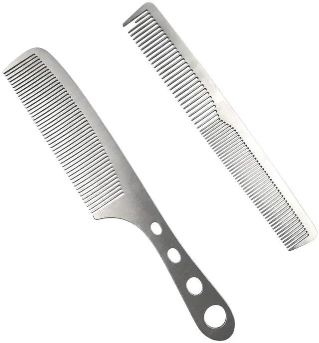 Main image of 2Pcs Stainless Steel Fine Tooth Comb Set, Anti-Static Heat Resistant Hair Cutting & Styling Comb, Hollow Out Handle, Professional Barber Comb for Men Women