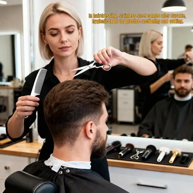 Alt view image 6 of 6 - 2Pcs Stainless Steel Fine Tooth Comb Set, Anti-Static Heat Resistant Hair Cutting & Styling Comb, Hollow Out Handle, Professional Barber Comb for Men Women